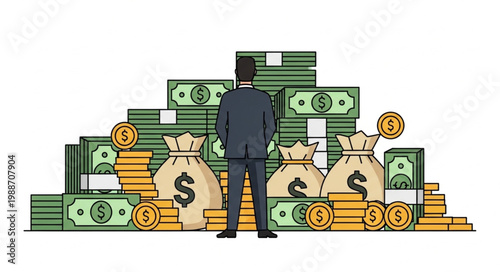 Businessman standing in front of large money pile.