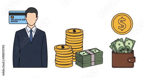 Businessman with credit card money and coins illustration.