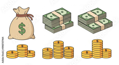 Cartoon Money Bag and Stacks of Cash with Gold Coins Illustration.