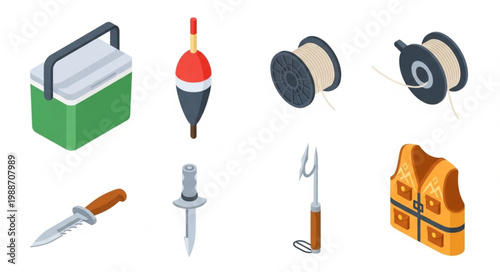 Collection of fishing equipment including cooler float reels knife harpoon and life vest.