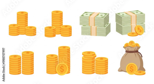 Collection of golden coins and paper money stacks in various arrangements.