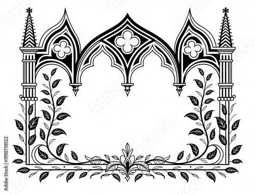 Intricate black and white gothic architectural with pointed arches, ornate tracery, and floral motifs