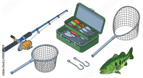 Essential Fishing Gear Collection Isolated on White Background.