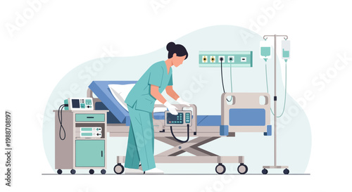 Nurse Adjusting Medical Equipment Next to Hospital Bed with IV Drip