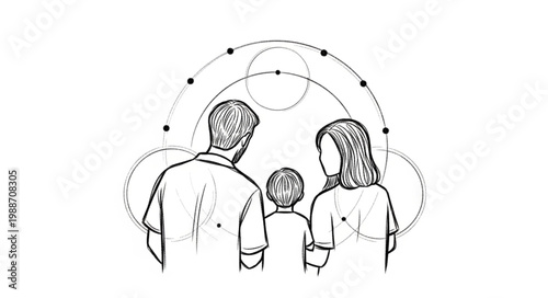 Family looking at abstract geometric shapes and circles.