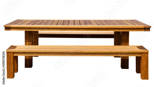 Wooden slatted outdoor dining table and bench set, isolated on transparent background