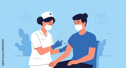 Nurse Administering Vaccine Injection to Patient Wearing Face Mask