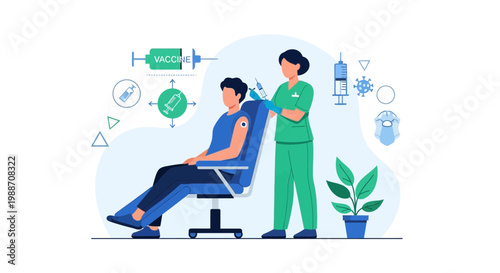 Nurse administering vaccine injection to patient sitting in chair, vaccination concept