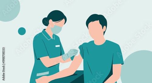Nurse administering vaccine injection to patient's arm, healthcare concept illustration
