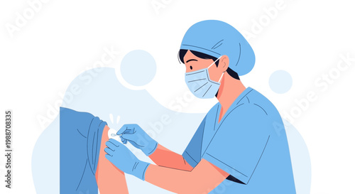 Nurse Administering Vaccine Injection to Patient's Arm in Blue Medical Setting