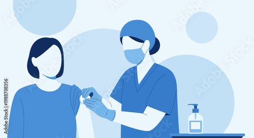 Nurse administering vaccine injection to patient's arm, healthcare concept, blue tones
