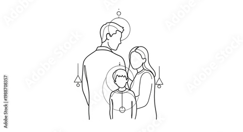 Family of three standing together in a line art drawing.
