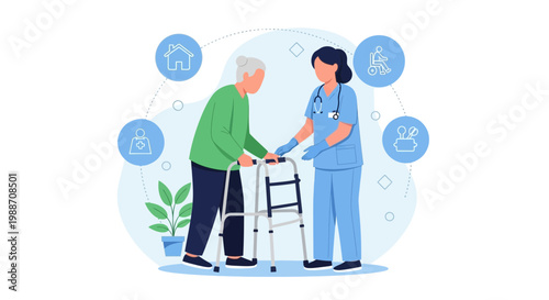 Nurse assisting elderly man with walker, home care, medical support, senior health