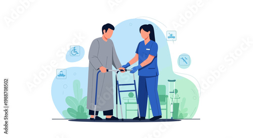 Nurse assisting elderly man with walker, symbolizing healthcare, support, and recovery