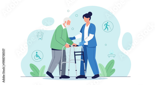 Nurse assisting elderly man with walker, promoting mobility and care in healthcare setting