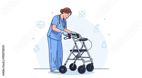 Nurse assisting elderly patient with walker, healthcare concept, medical icons background