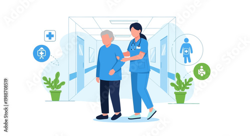 Nurse assisting elderly patient walking in hospital corridor, healthcare concept