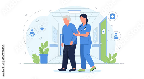 Nurse assisting elderly patient walking in hospital corridor with medical icons