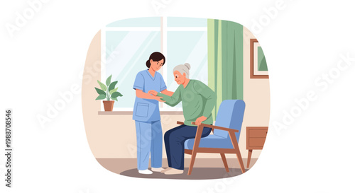 Nurse assisting elderly woman sitting in armchair at home, care and support concept