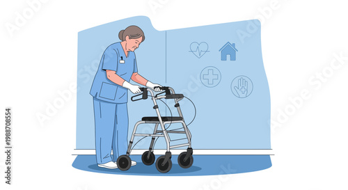 Nurse assisting elderly patient with walker, healthcare, support, mobility aid, senior care