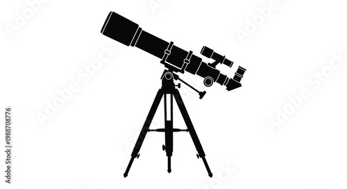 Detailed black silhouette of a refracting telescope on a tripod stand silhouette