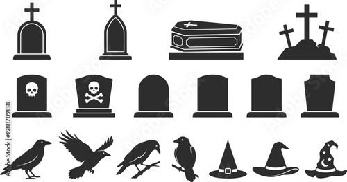 Halloween graveyard icons set, tombstones, coffins, crows and witch hats, black vector collection for spooky, horror, cemetery and festive Halloween design use