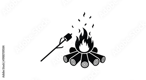 A black silhouette of a campfire with a roasting marshmallow on a stick silhouette