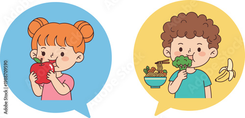 Vector illustration of children eating healthy foods fruits vegetables inside colorful speech bubbles