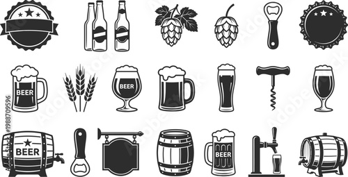 Beer brewing and bar icons set, bottles, mugs, hops and brewery tools, black vector collection for pub, alcohol, craft beer and beverage design use