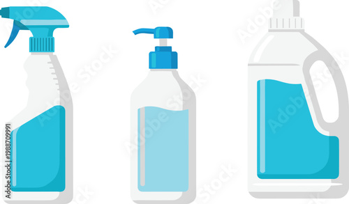Vector illustration of cleaning product containers spray pump and detergent bottles with blue liquid