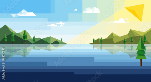 Scenic low poly landscape featuring calm blue lake waters reflecting green mountains and stylized pine trees at sunrise.