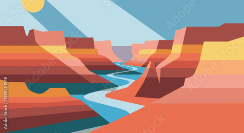 Aerial view of a winding blue river cutting through a multi-layered canyon with vibrant orange and red rock formations.