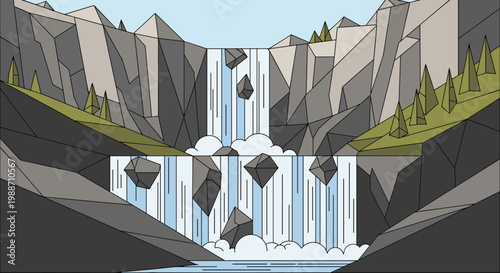 Dynamic illustration of a two-tiered waterfall cascading down jagged grey cliffs with green trees and flying rocks.