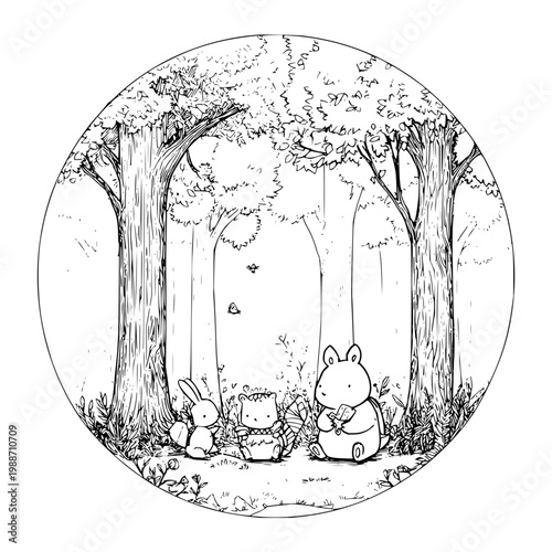 Rabbit, Bear, and Cat Sitting in Forest Glade with Trees and Butterflies