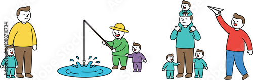Vector illustration of family outdoor activities including fishing playing and bonding with children
