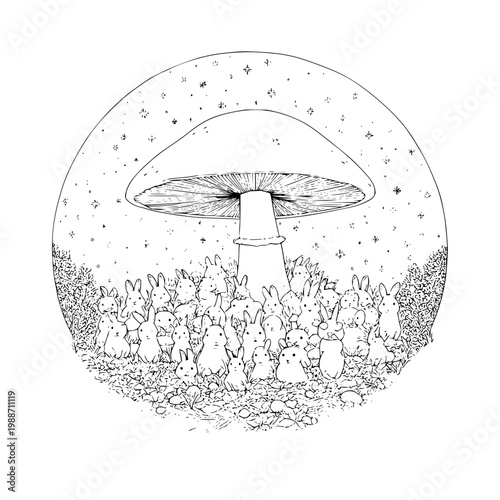 Rabbits Under Mushroom in Starry Night