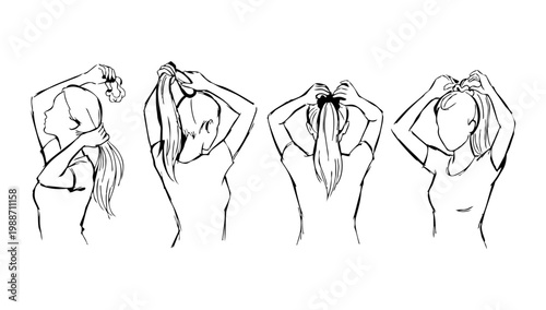 Hair adjustment and grooming poses showing different hand movements illustrated in clean figure line illustration style for beauty care visuals styling reference and posture study