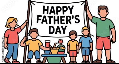 Happy father's day celebration family with banner and picnic for dad