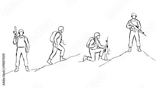 Exploration and trekking sequence showing climbers carrying loads on shoulders hiking uphill illustrated in clean figure line illustration style for outdoor adventure visuals