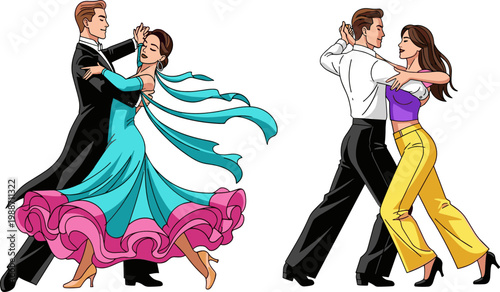 Ballroom Dance Couples Set with Elegant Waltz and Latin Dance Partners Performing Stylish Moves Isolated on White Background Vector Illustration