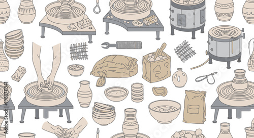 Pottery Making Process Seamless Pattern: Tools, Clay, Kilns, Hands Crafting Ceramics