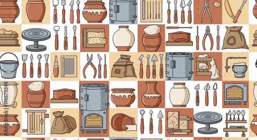 Pottery Studio Tools and Equipment Seamless Pattern: Kiln, Wheel, Clay, Vases