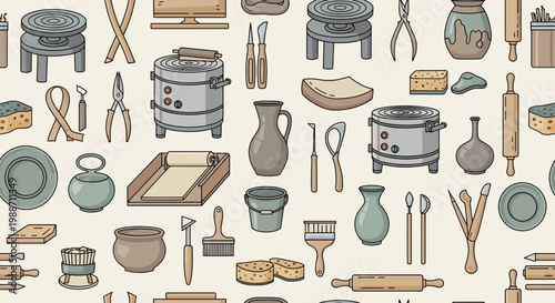 Pottery Studio Tools and Equipment Seamless Pattern, Ceramic Crafting Supplies
