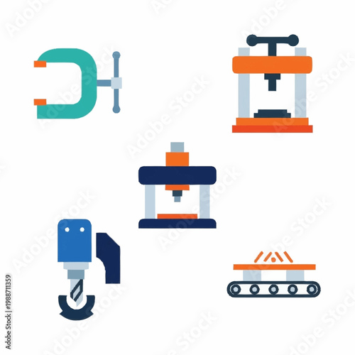 Collection of industrial machinery and tools for manufacturing and construction.