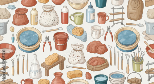 Pottery Tools and Materials Seamless Pattern: Clay, Kiln, Wheel, Sculpting Supplies