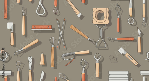 Pottery Tools Collection: Ceramic Crafting Equipment Assortment on Neutral Background