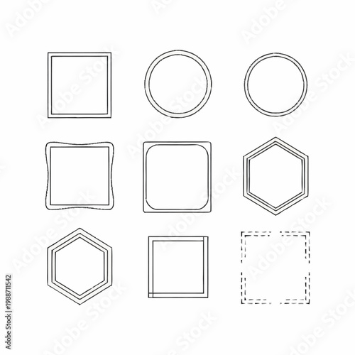 Collection of nine geometric shapes and frames in outline style.