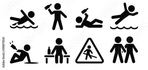 Drunk people icons illustration set, stick figure silhouettes showing staggering person alcohol bottle bar bench vomiting and warning symbols,