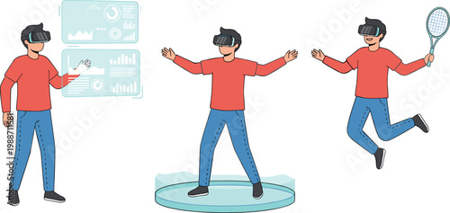 Vector illustration of three people using virtual reality headsets for data visualization immersion and gaming