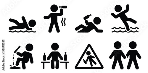 Alcohol intoxication icons illustration, stick figure silhouettes with vomiting staggering person bottle and warning symbols for safety awareness design,